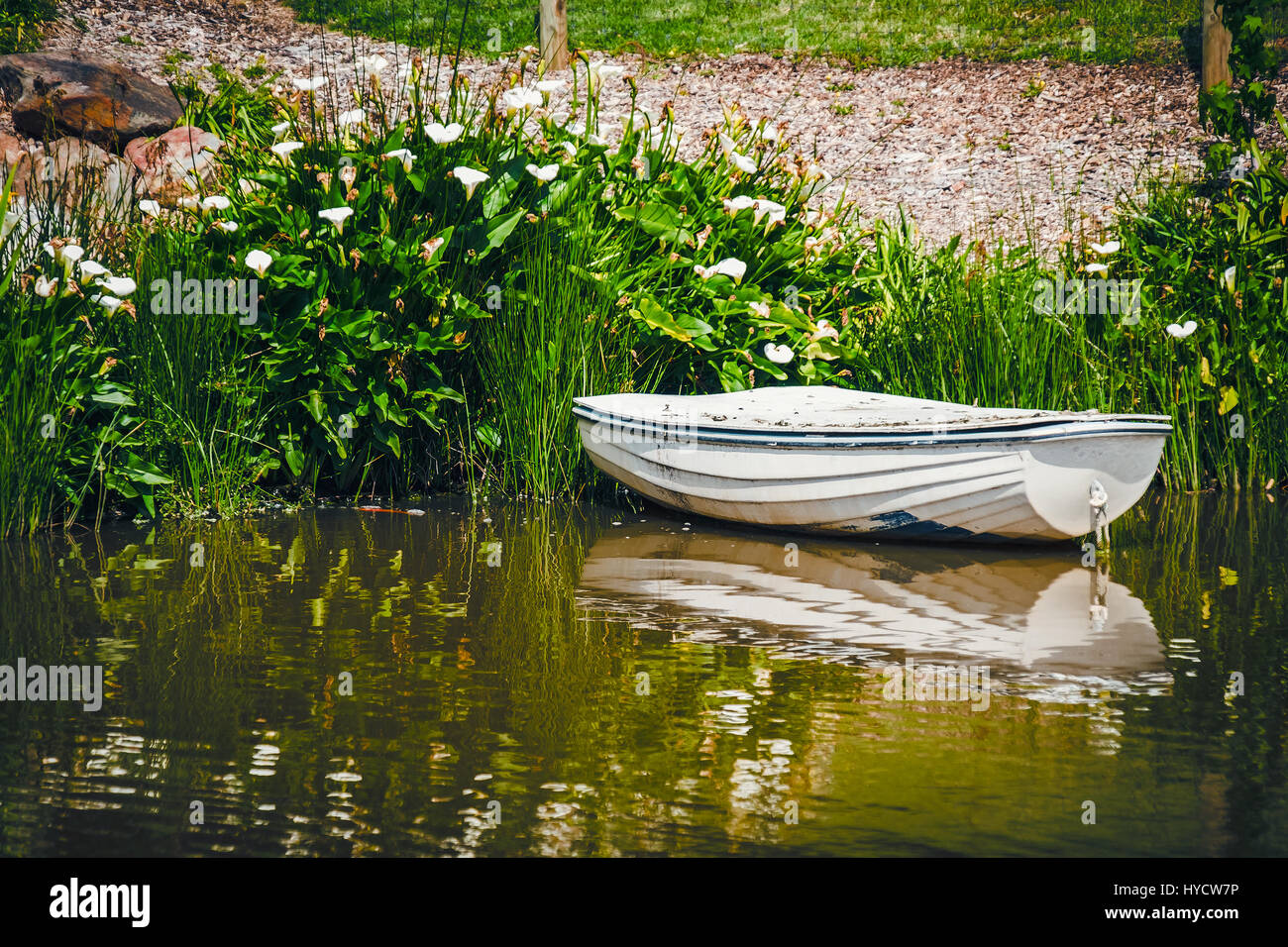 Vecchia barca ancorata in stagno Foto Stock