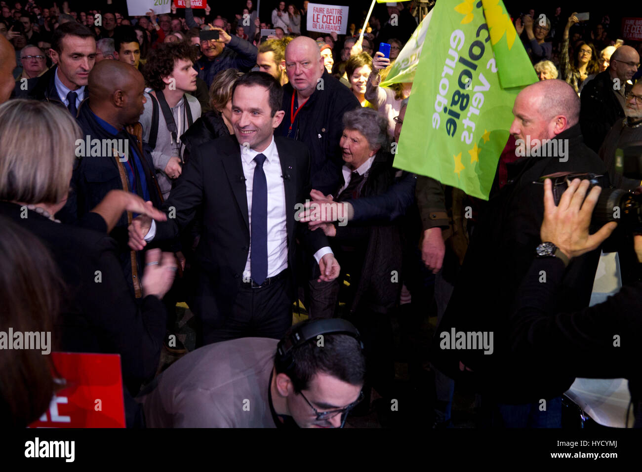 Brest.Francia.1 Marzo 2017.Partito socialista francese candidato presidenziale,Benoit Hamon,offre un discorso durante una riunione pubblica a Brest ,Brittany Foto Stock