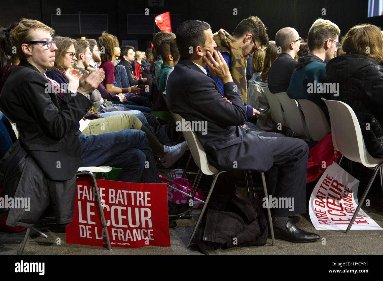Brest.Francia.1 Marzo 2017.Partito socialista francese candidato presidenziale,Benoit Hamon,offre un discorso durante una riunione pubblica a Brest ,Brittany Foto Stock