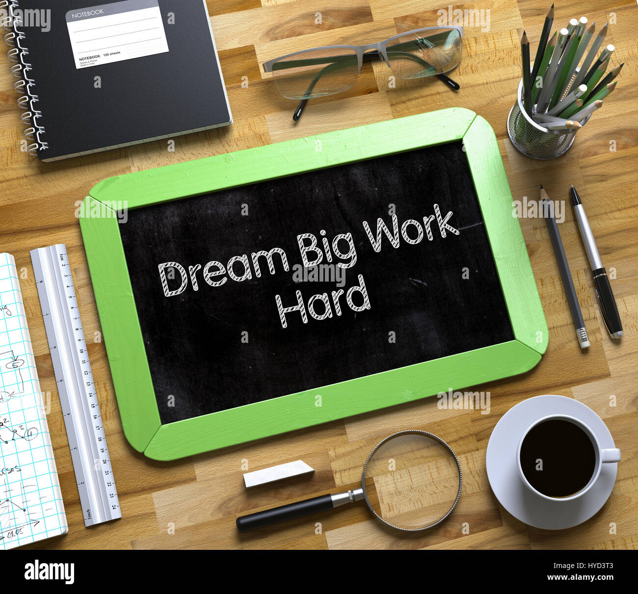 Piccola lavagna con grande sogno lavorare sodo. 3D. Foto Stock