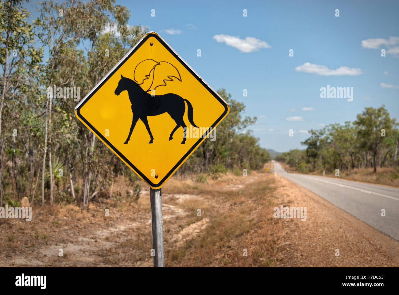 Divertente rovinato un cartello di segnalazione che mostra cavalli alati in anticipo. Territori del Nord, Australia Foto Stock