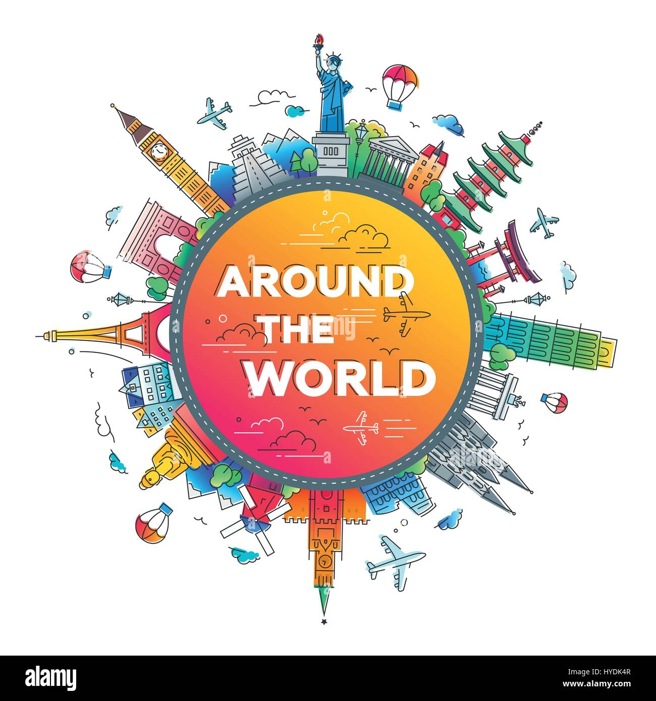 In tutto il mondo - design piatto composizione di viaggio Illustrazione Vettoriale