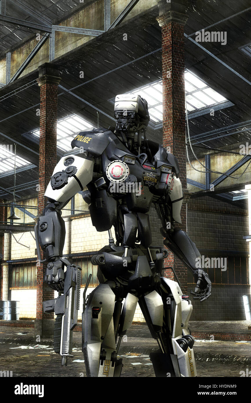 Polizia androide robot con la pistola in 3D render science fiction illustrazione Foto Stock