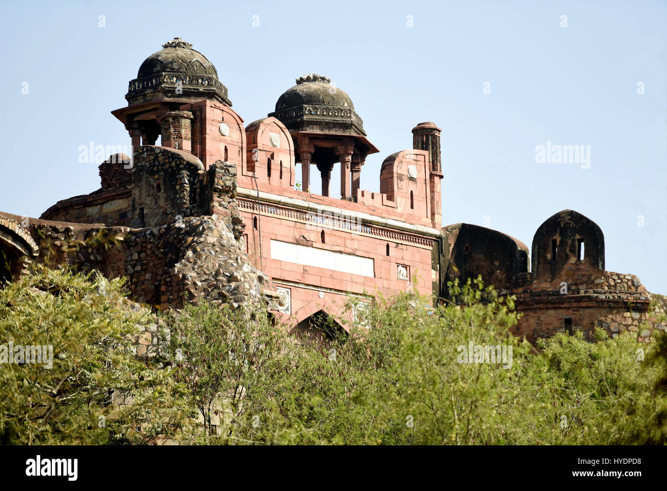 Humayun Darwaza esterno del Purana Qila (Old Fort), come si vede dallo Zoo di Nuova Delhi. Foto Stock