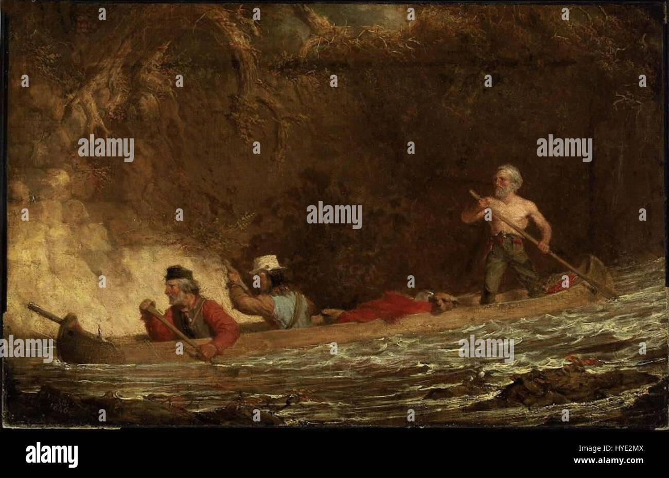 Il dipinto di Charles Deas "The Voyageurs" raffigura un gruppo di commercianti di pellicce franco-canadesi in un viaggio attraverso la natura selvaggia. Le opere d'arte catturano l'aspro e avventuroso spirito dei voyageurs, sottolineando il loro ruolo nel commercio delle pellicce durante il XIX secolo. Foto Stock