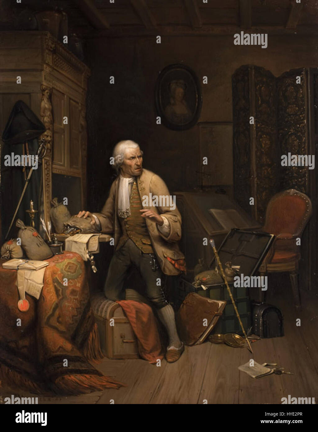 "Der ertappte Hausdiener" è un dipinto dell'artista belga Constant Wauters. L'opera raffigura un servo colto in un momento di illecito, con particolare attenzione all'espressione del personaggio e alle dinamiche sociali. Wauters è noto per le sue scene di genere, spesso raffiguranti la vita di tutti i giorni con un tocco di dramma e realismo. Foto Stock