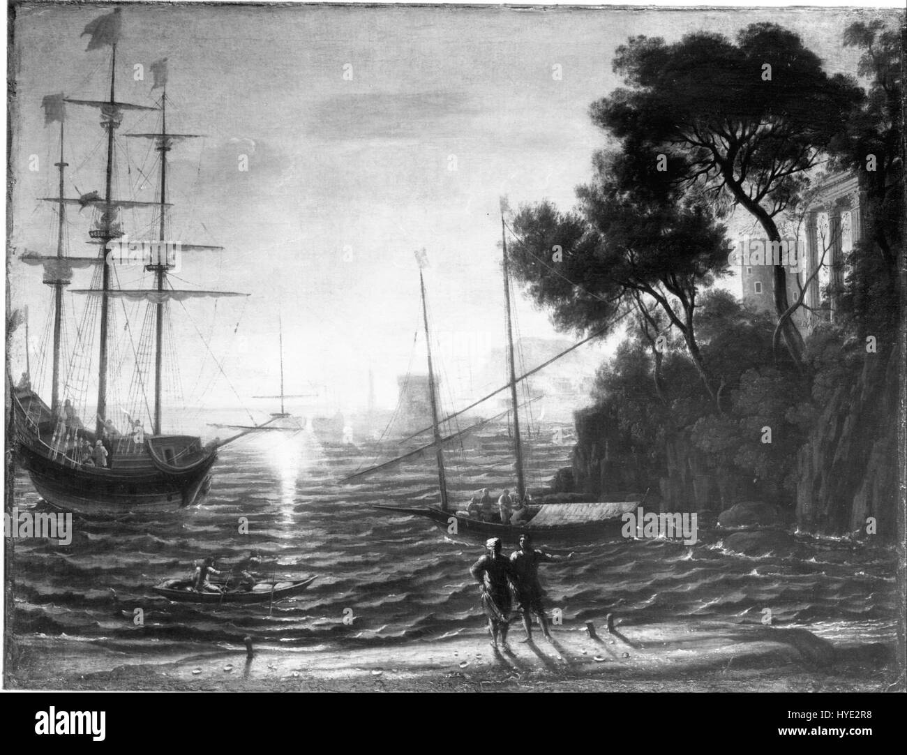 Questo dipinto di Claude raffigura una classica scena portuale al tramonto. Il lavoro cattura la bellezza serena del porto, con i toni caldi del tramonto che si riflettono sull'acqua e sulle navi. Foto Stock