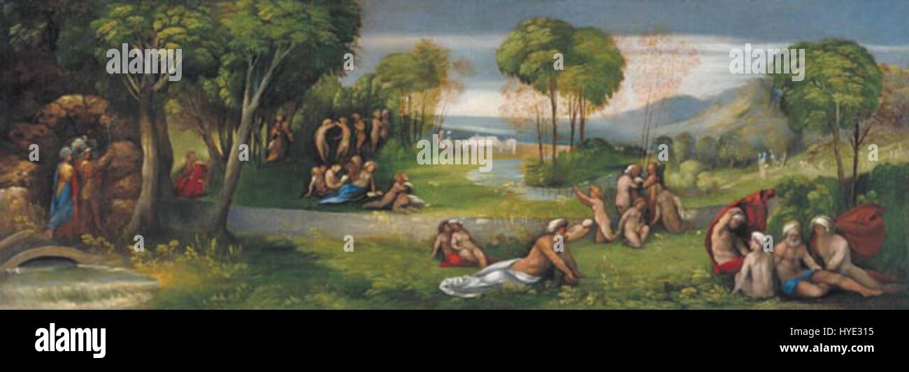 Entrata di Enea nei campi Elisi è un'opera dell'artista rinascimentale italiano Dosso Dossi. Il dipinto raffigura il mitico eroe Enea mentre entra nei campi Elisi nell'aldilà, una scena chiave dell'Eneide di Virgilio. Foto Stock