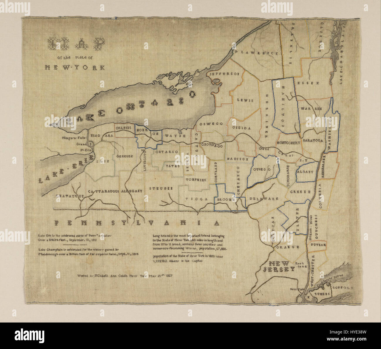La mappa americana di New York di Elizabeth Ann Goldin fornisce una visione storica dello stato, illustrando le regioni, le città e la geografia dell'area. Questa mappa è un'importante rappresentazione della prima cartografia americana. Foto Stock
