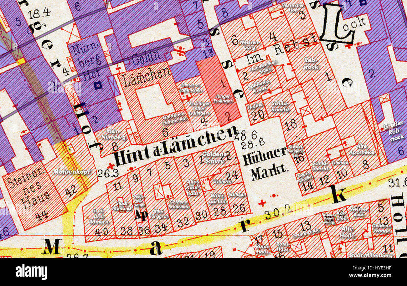 «Frankfurt Altstadt Position» di Junger Esslinger è una mappa dettagliata o una rappresentazione del centro storico di Francoforte nel 1861, che mostra le caratteristiche paesaggistiche e architettoniche della città del periodo. Foto Stock