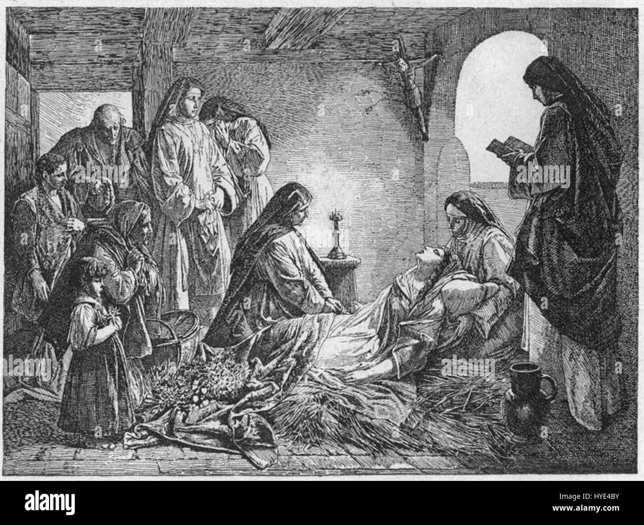Disegno in bianco e nero intitolato "Tod der heiligen Elisabeth" (morte di Santa Elisabetta), creato nel 1888, raffigurante un presepe. Foto Stock