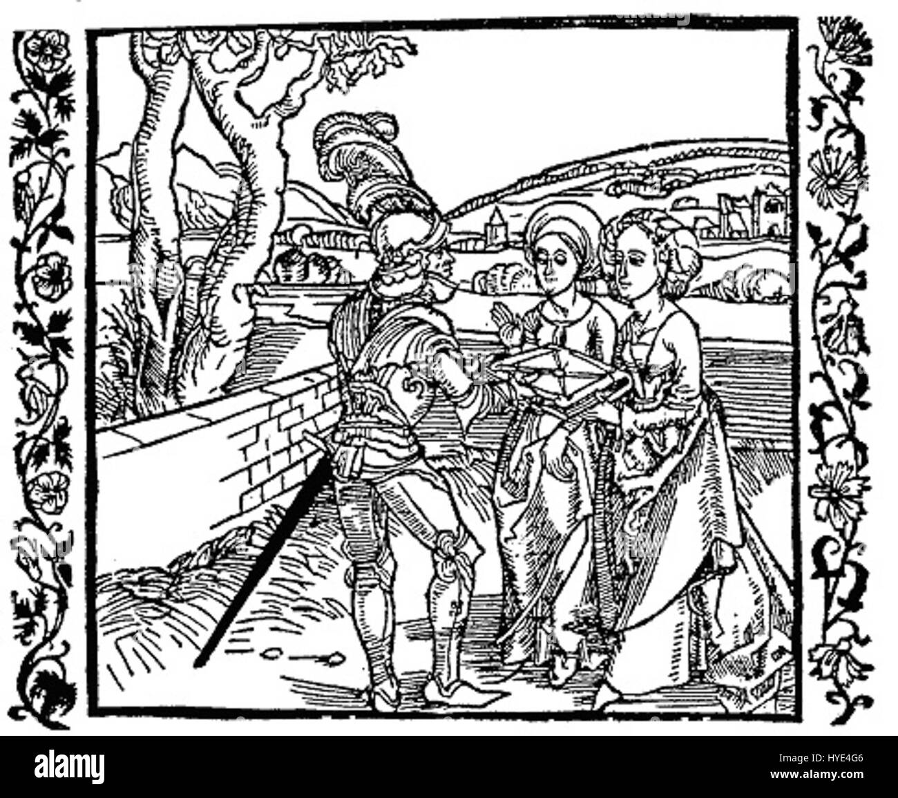 Questa opera d'arte ritrae un cavaliere che offre un libro alle sue figlie, simboleggiando la trasmissione di conoscenza e valori. La composizione enfatizza i legami familiari e il passaggio della saggezza attraverso le generazioni in un contesto medievale. Foto Stock Questa opera d'arte ritrae un cavaliere che offre un libro alle sue figlie, simboleggiando la trasmissione di conoscenza e valori. La composizione enfatizza i legami familiari e il passaggio della saggezza attraverso le generazioni in un contesto medievale. Foto Stock