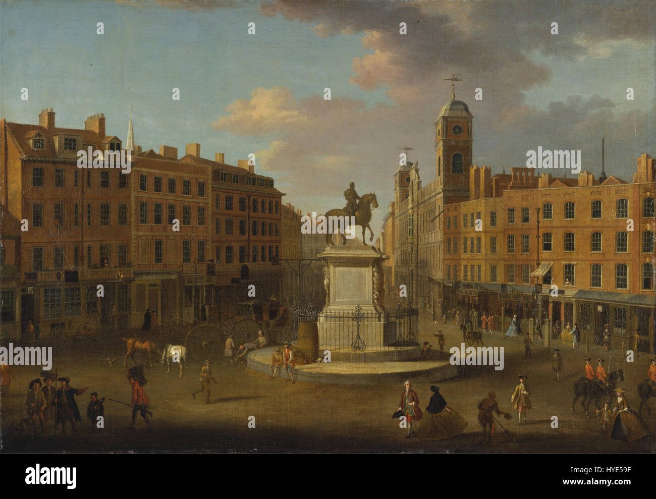 Il dipinto di Joseph Nickolls di Charing Cross mostra la famosa statua del re Carlo i e la Northumberland House. Cattura una scena storica di Londra, mostrando la grandezza e l'architettura della zona durante il XVIII secolo. Foto Stock