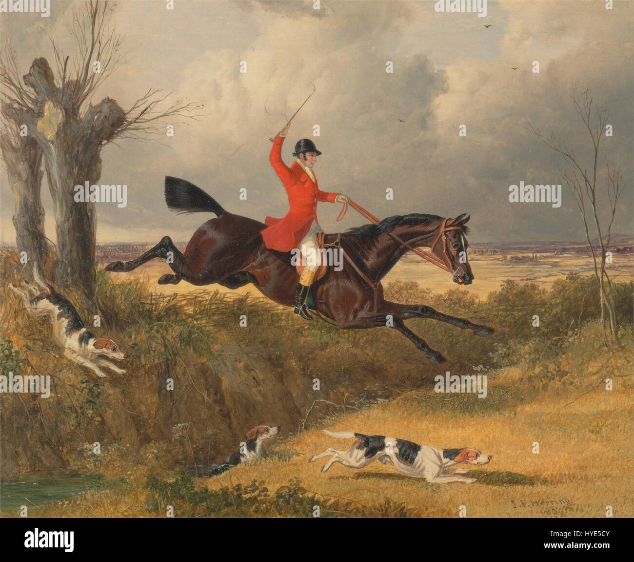 *Caccia alla volpe Clearing a Ditch* di John Frederick Herring raffigura una scena di una caccia alla volpe, con un cavaliere che pulisce un fosso a cavallo. Le opere d'arte catturano l'eccitazione e l'energia dello sport tradizionale britannico. Foto Stock