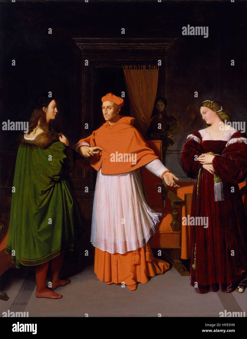 Questo dipinto di Jean Auguste Dominique Ingres, "il fidanzamento di Raffaello e la nipote del cardinale Bibbiena", raffigura una rappresentazione formale e molto dettagliata del fidanzamento di Raffaello, che mostra il caratteristico stile neoclassico di Ingres. Foto Stock