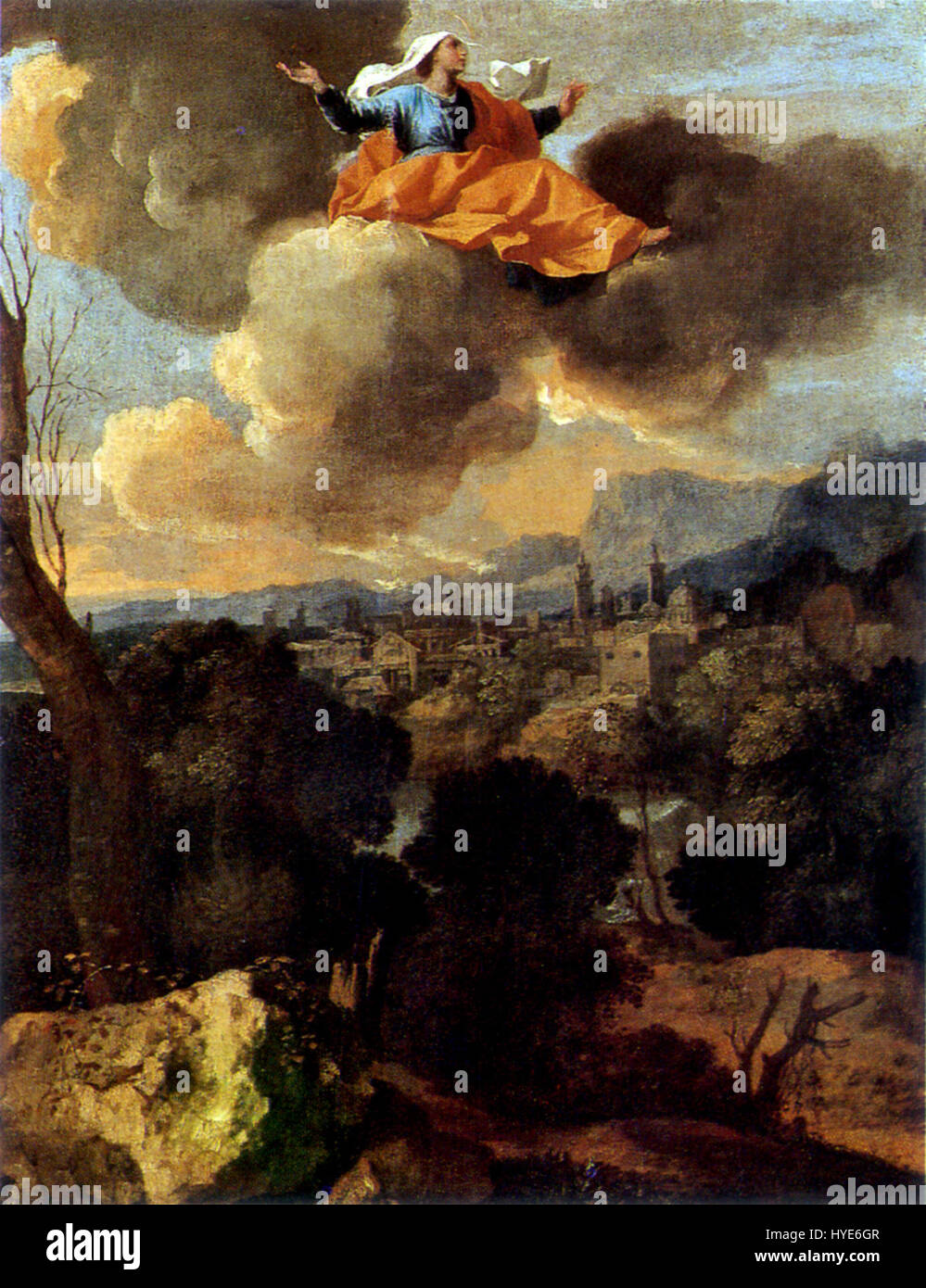 "La Translation miraculeuse de Sainte Rita de Cascia" di Nicolas Poussin descrive il miracoloso evento del trasporto del corpo di Santa Rita, che mostra la maestria di Poussin nella narrazione religiosa e nello stile barocco. Foto Stock