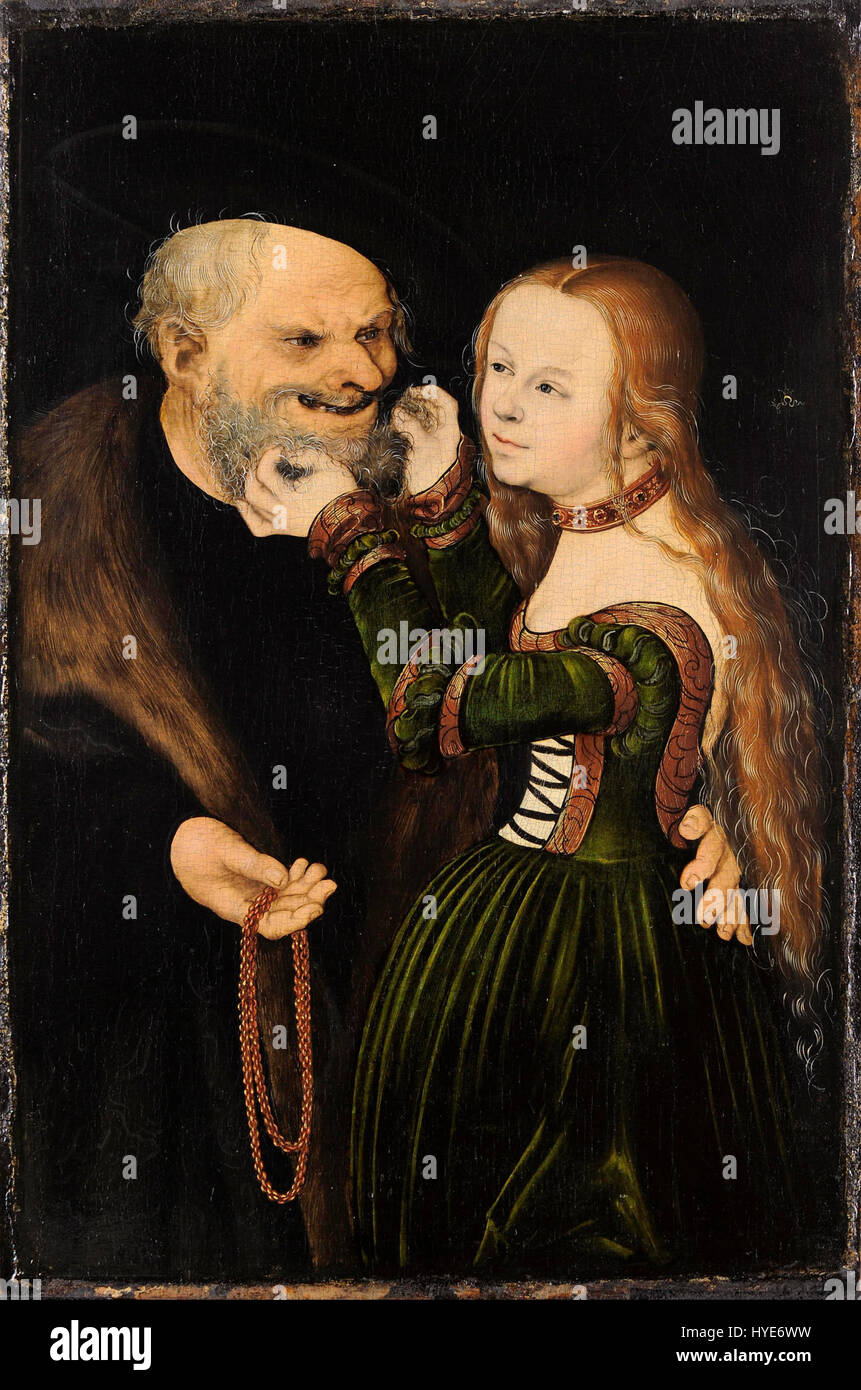 "The Unequal Couple (Old Man in Love)" di Lucas Cranach il Vecchio ritrae il tema dell'amore e della differenza di età, un motivo comune nell'arte rinascimentale. Il dipinto illustra un contrasto tra la giovane donna e l'anziano, simboleggiando la complessità delle relazioni e dell'amore nel XVI secolo. Foto Stock