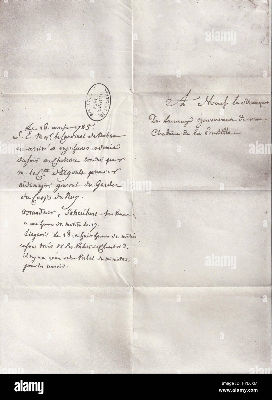 Lettre d'embastillement du Cardinal de Rohan (1785 08 16).il retro Foto Stock