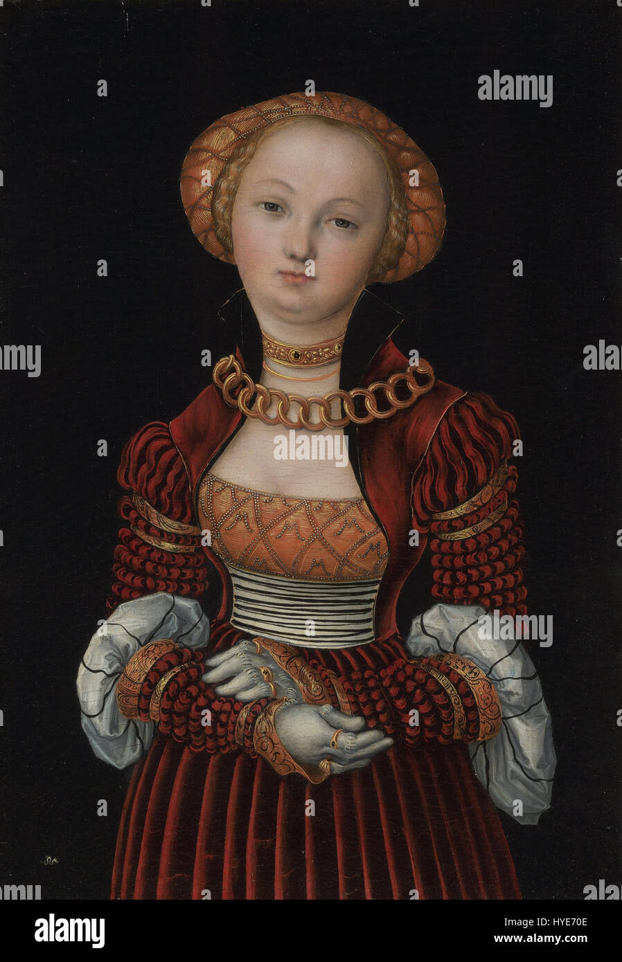 "Portrait of a Woman" di Lucas Cranach the Elder è un dipinto dell'epoca rinascimentale che cattura il ritratto dignitoso di una donna, mostrando lo stile dettagliato dell'artista e l'enfasi sul realismo. Foto Stock
