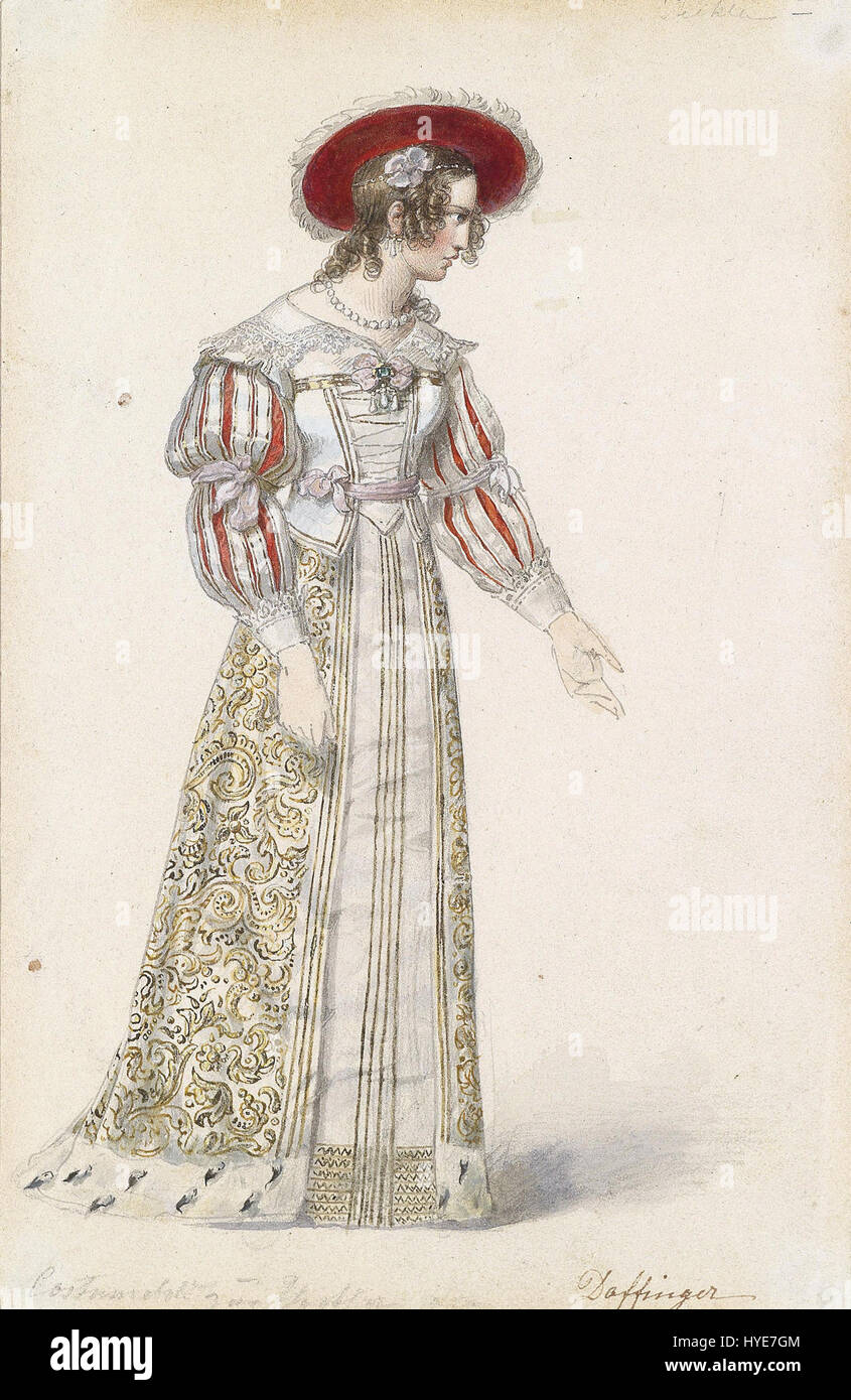 Una statuetta di Moritz Michael Daffinger, con un abbigliamento medievale. La statuetta dimostra l'attenzione dell'artista ai dettagli nel ritrarre costumi e figure storiche. Il lavoro di Daffinger riflette il fascino del XIX secolo per le rievocazioni storiche e passate. Foto Stock