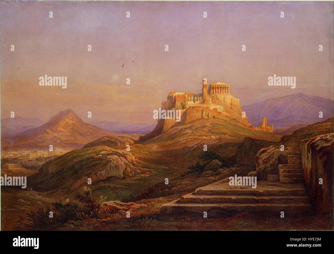 La "Vista dell'Acropoli dalla Pnyx" di Muller Rodolfo raffigura una prospettiva panoramica dell'antica Acropoli, come si vede dalla collina di Pnyx ad Atene. Le opere d'arte mettono in risalto l'architettura e il paesaggio greco classico, fornendo un'idea del significato dell'Acropoli nella società greca antica. Foto Stock