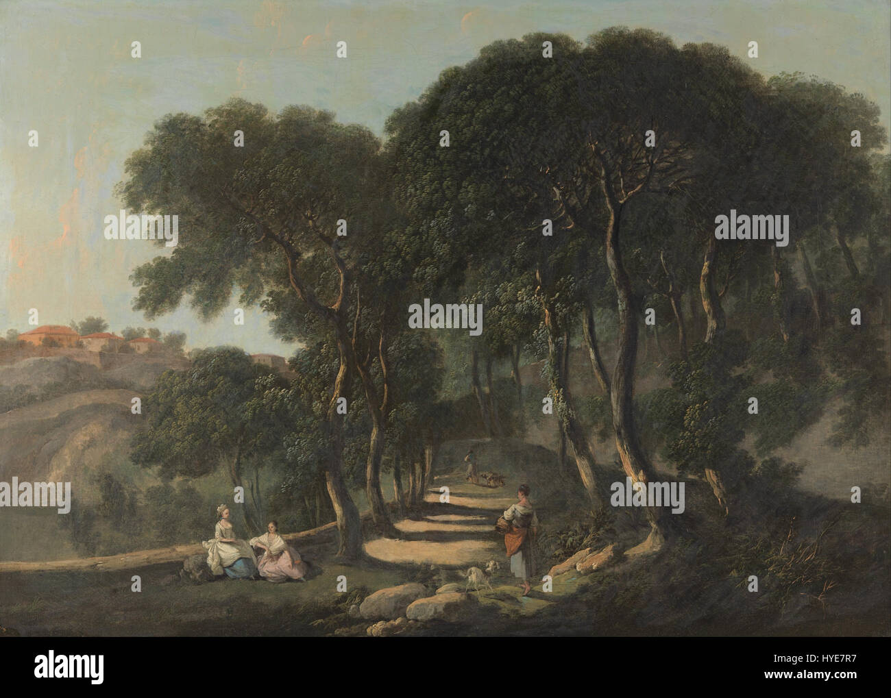 Nathaniel Dance Holland's *Vista vicino a Roma* raffigura un tranquillo paesaggio che mostra la campagna italiana. L'opera cattura le colline ondulate, l'architettura e la bellezza naturale della regione, sottolineando l'atmosfera tranquilla della campagna romana. L'uso della luce e dell'ombra da parte dell'artista esalta la profondità e il realismo della scena, rendendola un bell'esempio di pittura paesaggistica del XVIII secolo. Foto Stock