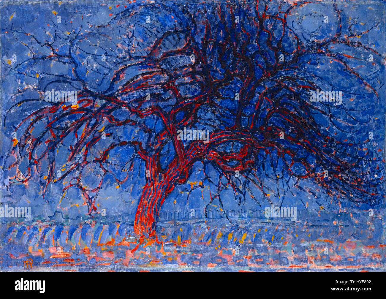 L'albero rosso di Piet Mondrian (Avond; De rode boom), dipinto tra il 1908 e il 1910, è un olio su tela di 70 x 99 cm. Questo pezzo fa parte della collezione del Gemeentemuseum Den Haag e riflette la prima esplorazione di colore e forma di Mondrian. Foto Stock