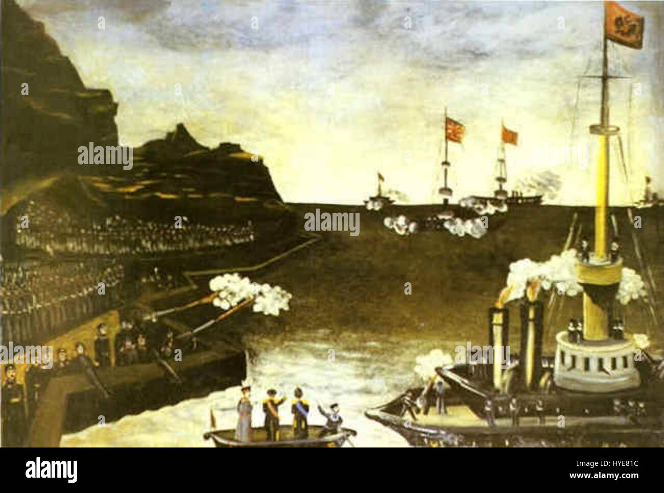 Niko Pirosmani 'The Russian Japanese War' (1906) ritrae scene della guerra russo-giapponese, mostrando lo stile popolare unico dell'artista. Dipinto su un panno ad olio, questo pezzo riflette la capacità di Pirosmani di rappresentare eventi storici con vivida espressionismo, utilizzando il suo caratteristico approccio all'arte crudo e semplice. Foto Stock