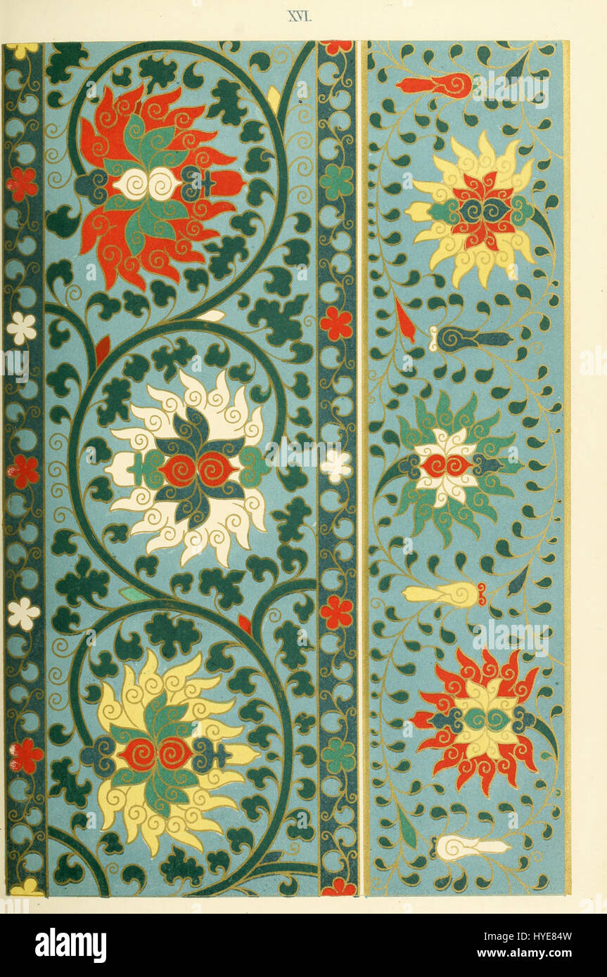 *Esempi di ornamento cinese* di Owen Jones presenta disegni e motivi intricati dall'arte cinese, enfatizzando l'uso della simmetria, del colore e delle forme naturali. Pubblicato nel 1867, il lavoro illustra l'influenza dell'estetica cinese sul design occidentale. Foto Stock