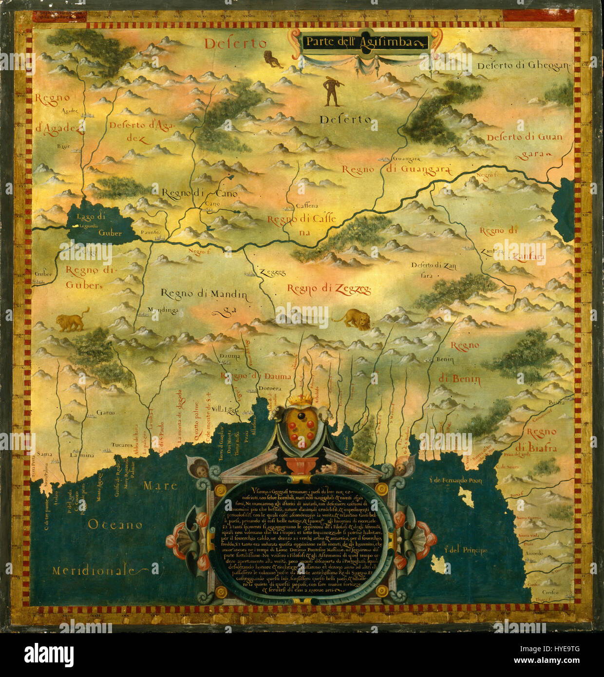 Il lavoro di Stefano Bonsignori "Niger, Nigeria e Camerun" mostra il suo dettagliato studio geografico di queste regioni dell'Africa occidentale e centrale. L'opera d'arte enfatizza i diversi paesaggi e gli elementi culturali che si trovano in questi paesi. Foto Stock