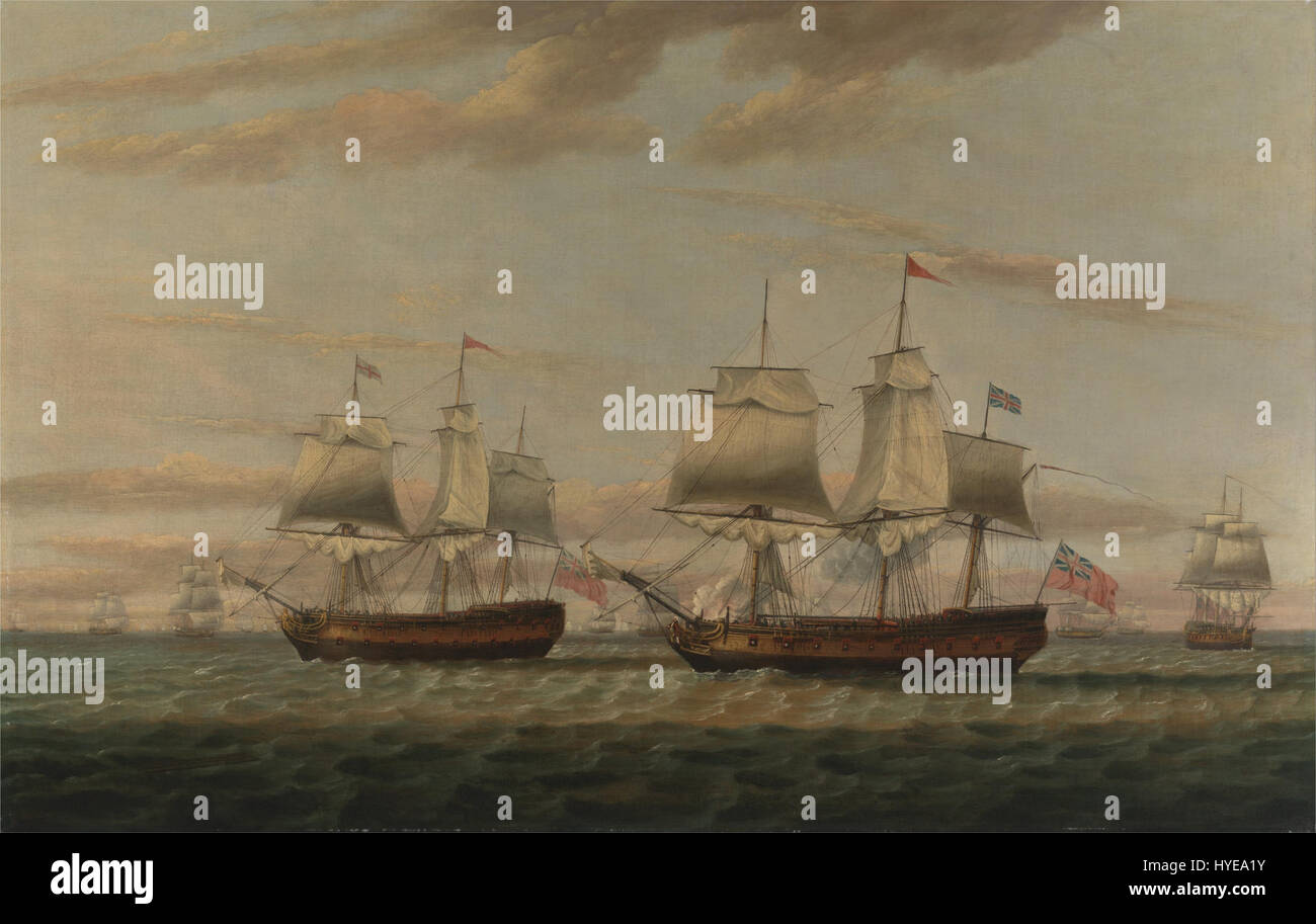 Il dipinto di Thomas Luny raffigura una nave indiamana accanto a un autobus a due piani, che si dice raffigurasse Thomas Dumar a bordo della nave H.M. "Portland". La scena cattura la vita marittima e la guerra navale del XVIII secolo, riflettendo la storia navale britannica. Foto Stock