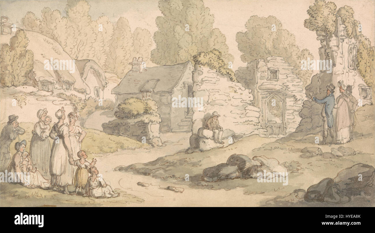 I visitatori che ispezionano le rovine dell'abbazia di Thomas Rowlandson raffigurano i turisti che esaminano i resti di un'abbazia, probabilmente in Inghilterra. Rowlandson, noto per le sue scene satiriche e dettagliate della vita quotidiana, cattura la miscela di rovine storiche e turismo contemporaneo nel XVIII secolo. Foto Stock