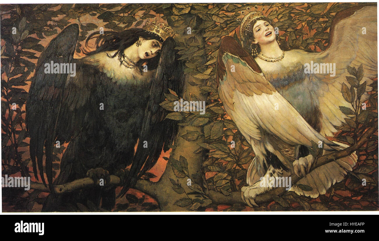 "Sirin e Alkonost" di Viktor Vasnetsov presenta due mitici uccelli del folklore slavo, Sirin e Alkonost. Questi uccelli rappresentano elementi contrastanti di gioia e dolore, spesso raffigurati nell'arte russa per trasmettere temi di dualità e simbolismo mitologico nel folklore. Foto Stock