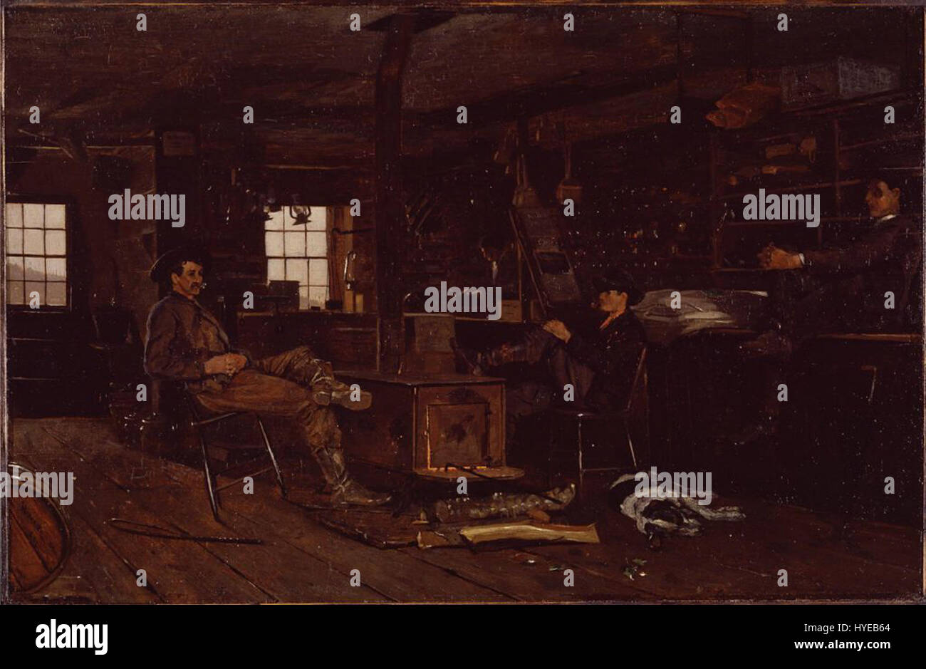 "The Country Store" di Winslow Homer cattura una fetta della vita rurale americana nel XIX secolo. Il dipinto si concentra su un negozio locale, con figure impegnate nelle attività quotidiane, che riflettono la semplicità e la comunità della vita rurale. Foto Stock