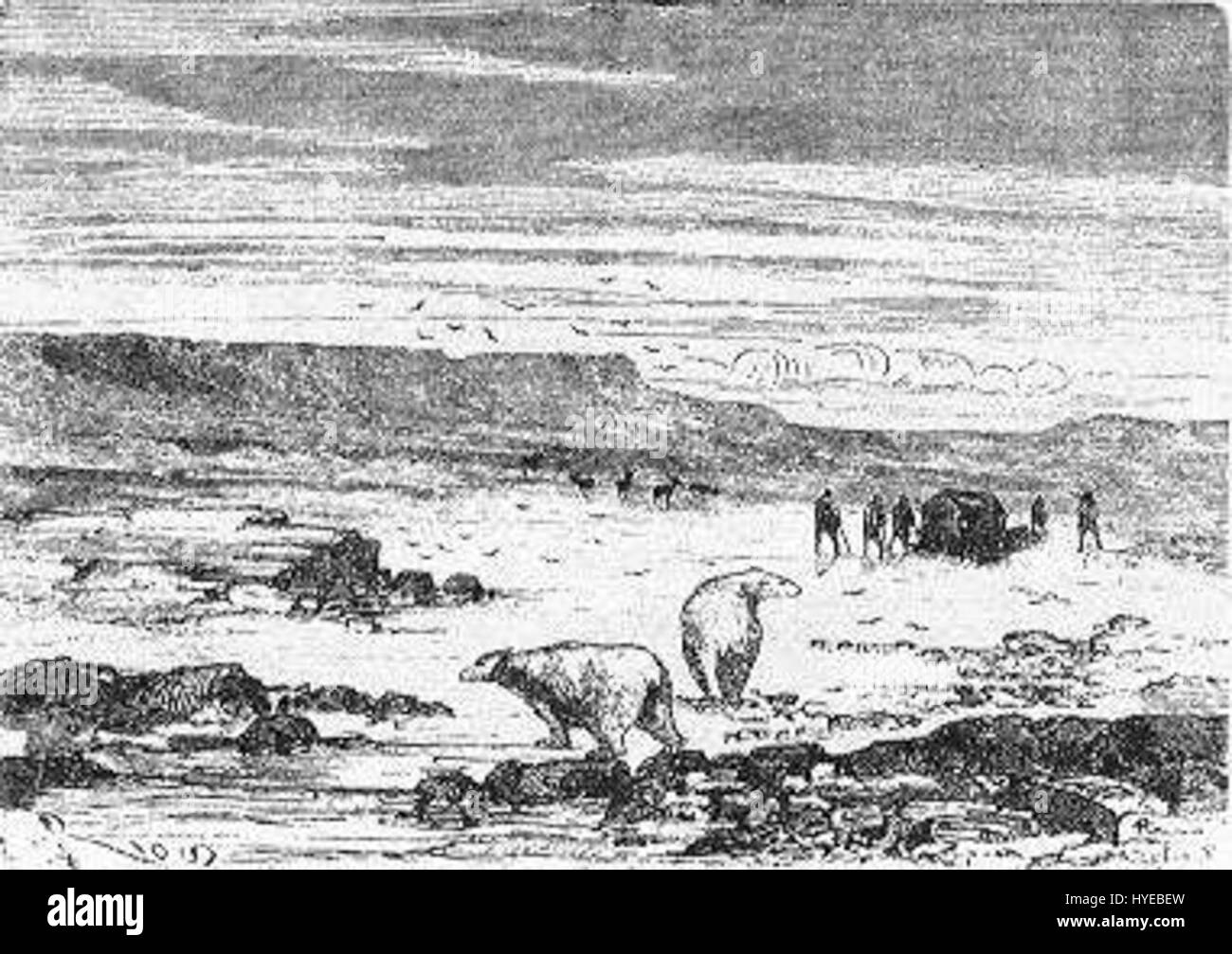 "Il campo di ghiaccio" di Riou e Montaut è una rappresentazione drammatica di un paesaggio ghiacciato, che mostra le sfide della sopravvivenza in ambienti difficili e ghiacciati. Le opere d'arte catturano sia la bellezza naturale che i pericoli dei terreni ghiacciati. Foto Stock