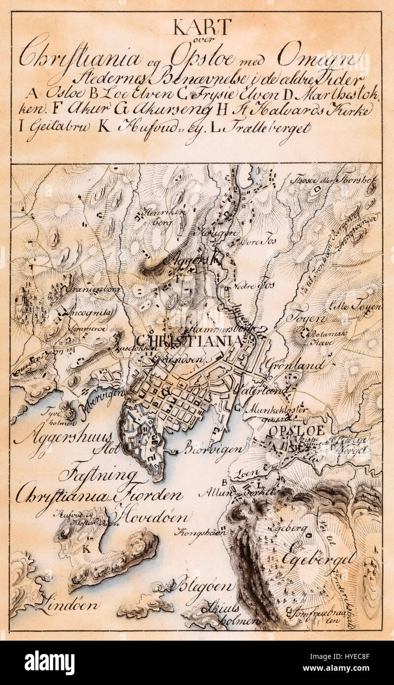 Questo titolo si riferisce a una vecchia mappa di Christiania (oggi Oslo) e della regione circostante, inclusa Opsloe, che mostra caratteristiche geografiche e storiche. Foto Stock