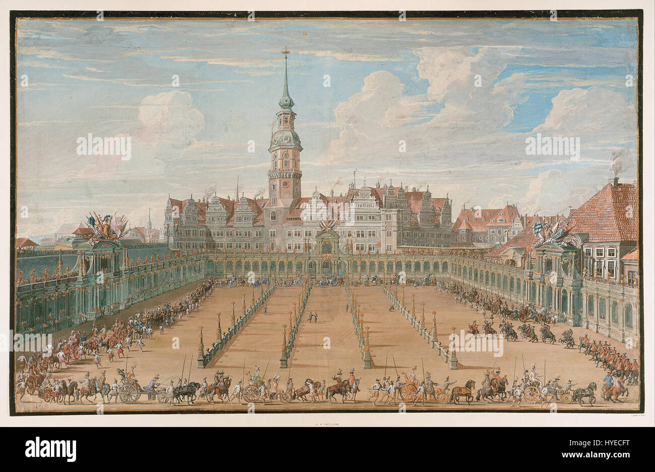 La "Parade of the Ladies Ring Races, Dresden" di C.H. Fritzsche raffigura una vivace scena di corse di cavalli, concentrandosi sulla partecipazione femminile a uno sport tradizionale. Il dipinto cattura sia l'emozione della gara che la moda del tempo. Foto Stock