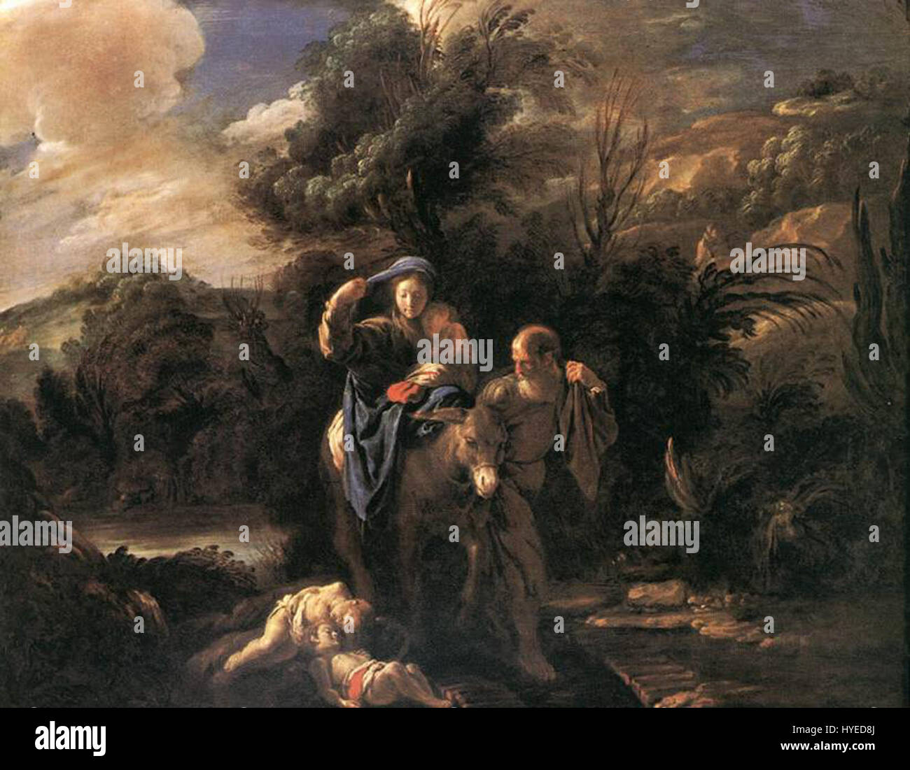 "Fuga in Egitto" di Domenico Fetti raffigura la scena biblica della fuga della Sacra famiglia in Egitto. Il dipinto cattura il momento del loro viaggio, sottolineando l'emozione e il movimento sereno delle figure. Foto Stock