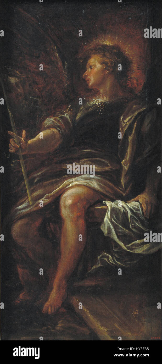 Il dipinto di Francisco Rizi "l'Angelo prima della tomba" raffigura una scena religiosa, catturando una figura angelica accanto a una tomba, simboleggiando temi di morte, aldilà e presenza divina. Il lavoro di Rizi dimostra la sua padronanza nell'arte religiosa e la sua capacità di trasmettere profondi temi spirituali attraverso la narrazione visiva. Foto Stock