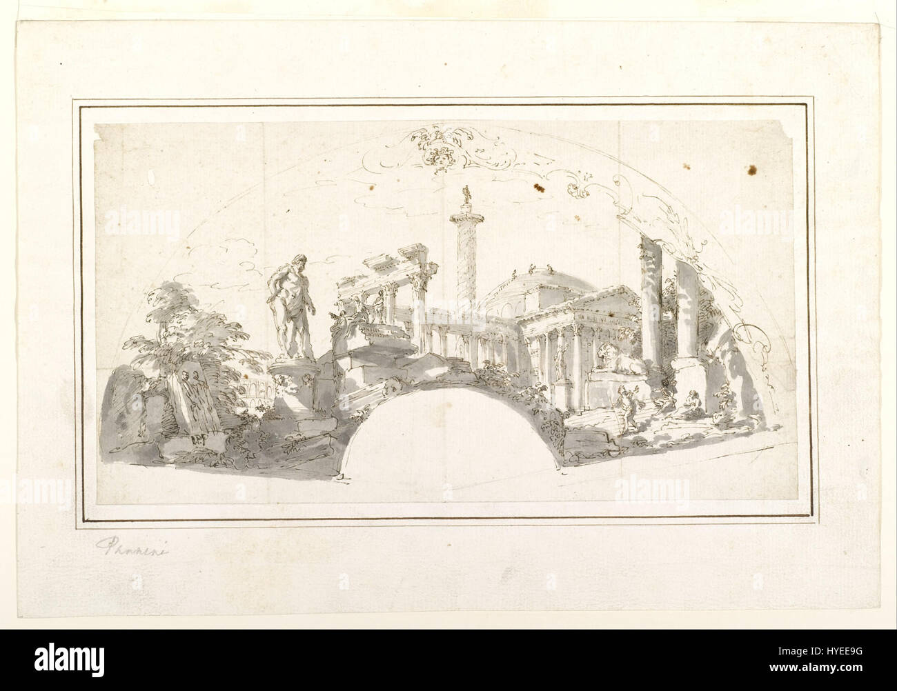 Il *Design for a fan* di Giovanni Paolo panini presenta un Capriccio, una rappresentazione fantastica delle rovine romane, con la famosa statua di Ercole Farnese come elemento centrale. Il design mette in mostra il caratteristico mix di immaginazione e temi classici di panini. Foto Stock