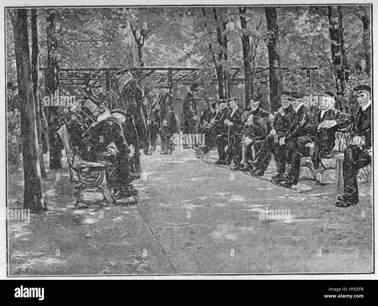 Un'incisione del 1888 di un raduno formale in un ambiente simile a un parco con persone sedute su panchine, circondate da alberi e un sentiero. Foto Stock