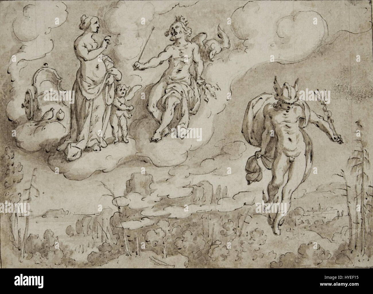 "Venere racconta a Giunone le sue preoccupazioni per suo figlio" di Sebastiaen Vrancx è un dipinto mitologico che raffigura Venere che esprime a Giunone le sue preoccupazioni per suo figlio, probabilmente riferendosi ad Enea. La scena cattura lo scambio emotivo tra le due dee, incorniciate in un ricco stile classico del periodo barocco. Foto Stock