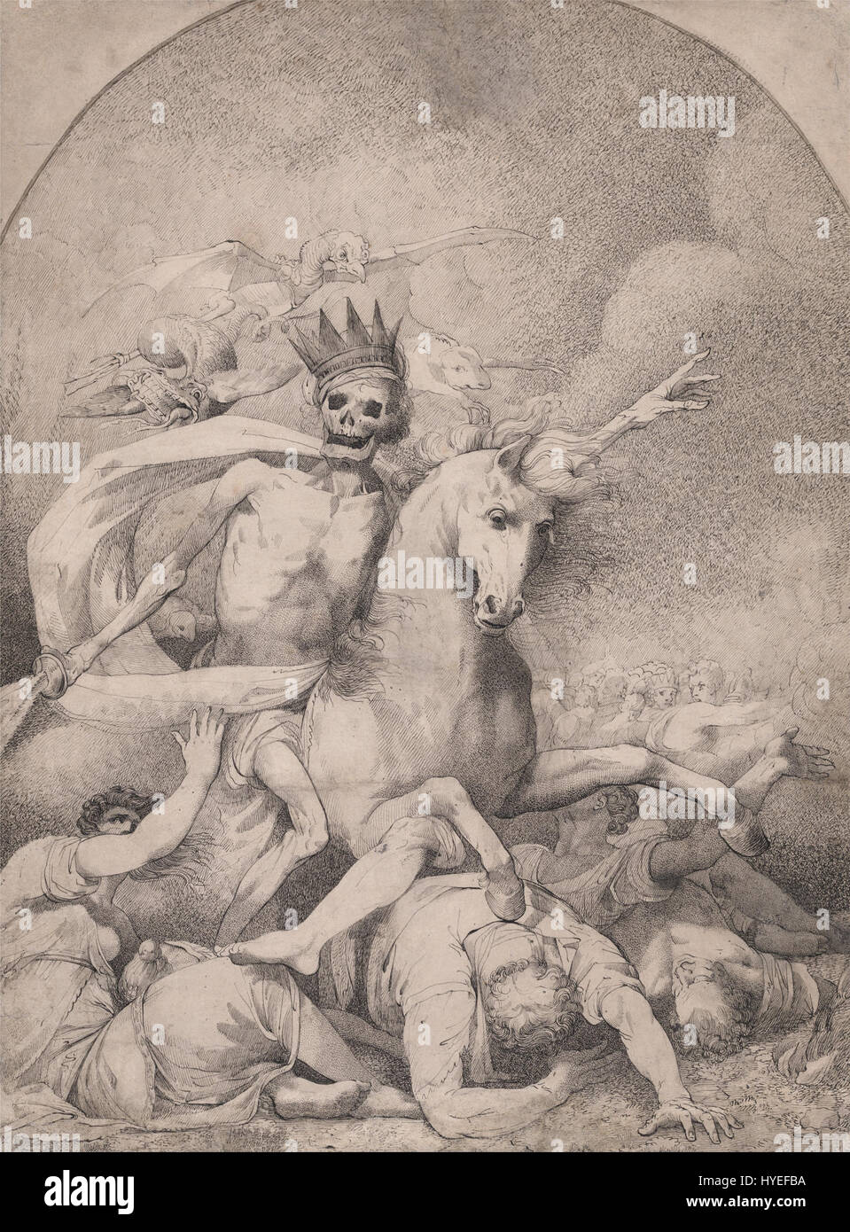 "Morte su un cavallo pallido" di John Hamilton Mortimer è una rappresentazione drammatica della morte, mostrata come una figura scheletrica a cavallo di un cavallo pallido. L'opera d'arte trasmette l'inevitabilità e la gravità della mortalità attraverso uno stile gotico e drammatico. Foto Stock