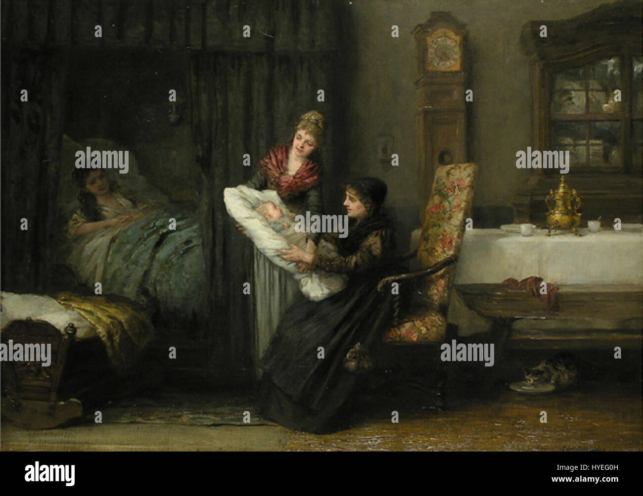 "DAS Neugeborene" (il neonato) di Karl Heyden raffigura un momento tenero e intimo, che mostra la nascita di un bambino. Il dipinto riflette l'abilità di Heyden nel catturare la profondità emotiva e la natura delicata di questa importante occasione. Foto Stock