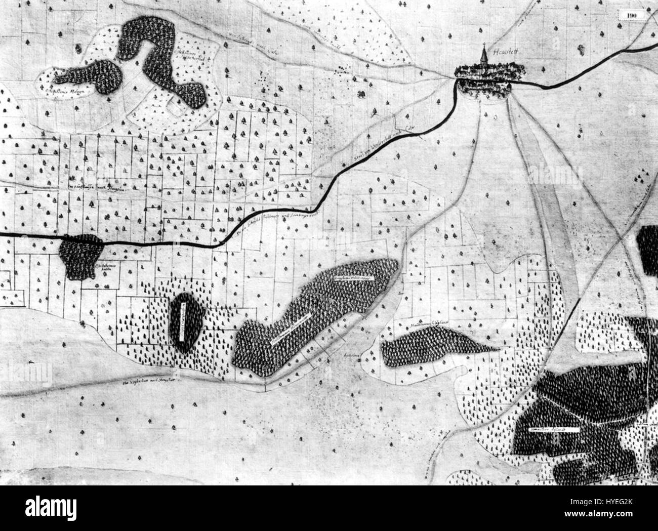Il Kiesersche Forstkarte Nr. 190 è una mappa storica della foresta che descrive la regione di Hengstett (Althengstett), illustrando l'uso del territorio e le pratiche forestali nel XVII secolo. Foto Stock