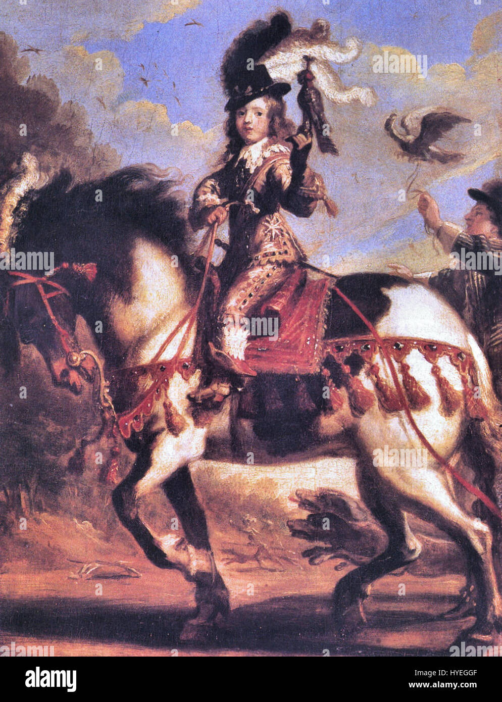 Questa opera raffigura re Luigi XIV di Francia durante una caccia alla falconeria, evidenziando il suo status regale e l'amore per questo sport. La scena riflette la grandezza della monarchia francese e gli interessi personali del re nelle attività ricreative. Foto Stock