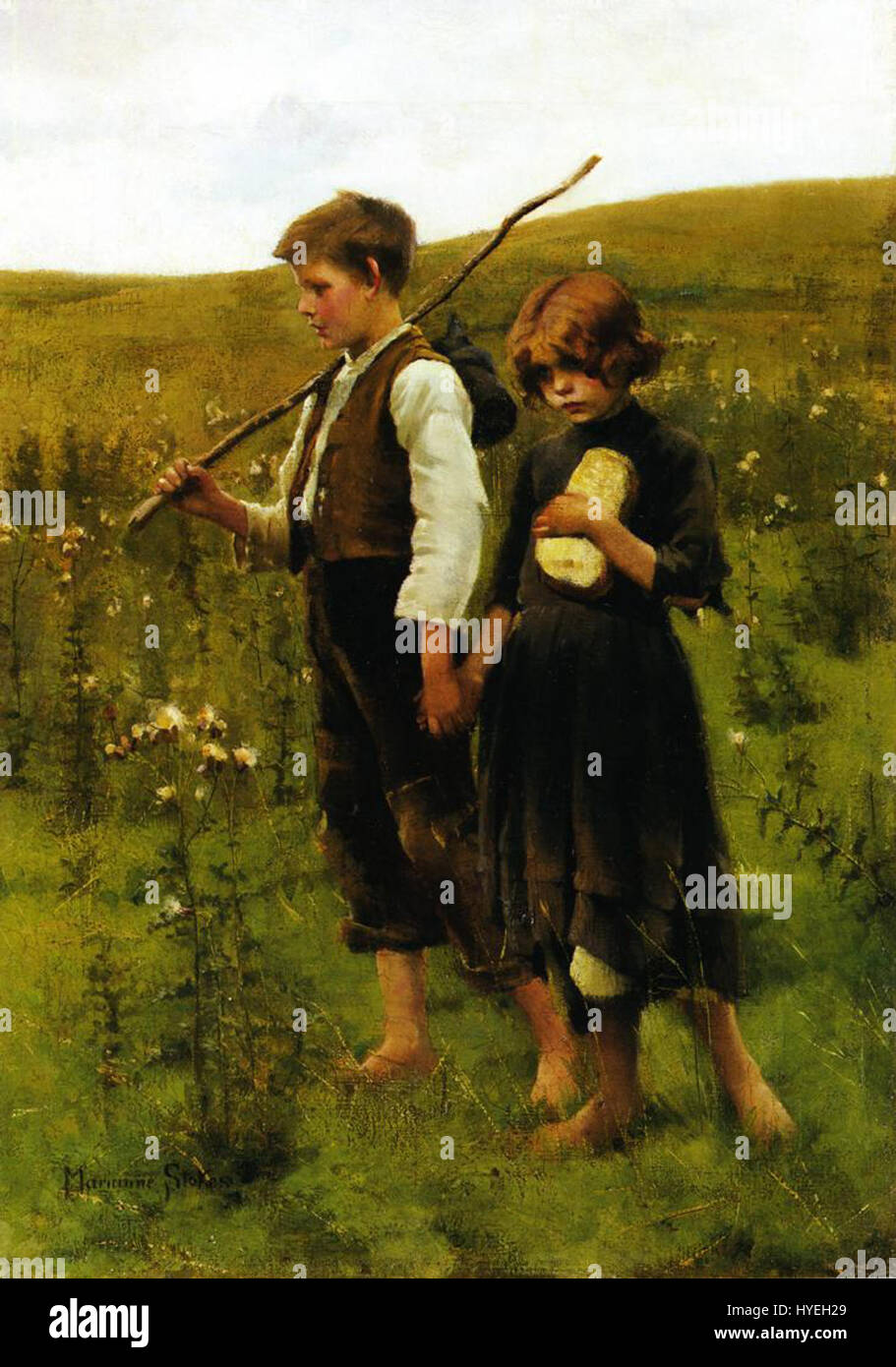 Questo dipinto di Marianne Stikes mostra una scena rurale dove si vedono figure che camminano verso i campi, sottolineando la vita agricola e la semplicità dell'esistenza rurale nel XIX secolo. Foto Stock