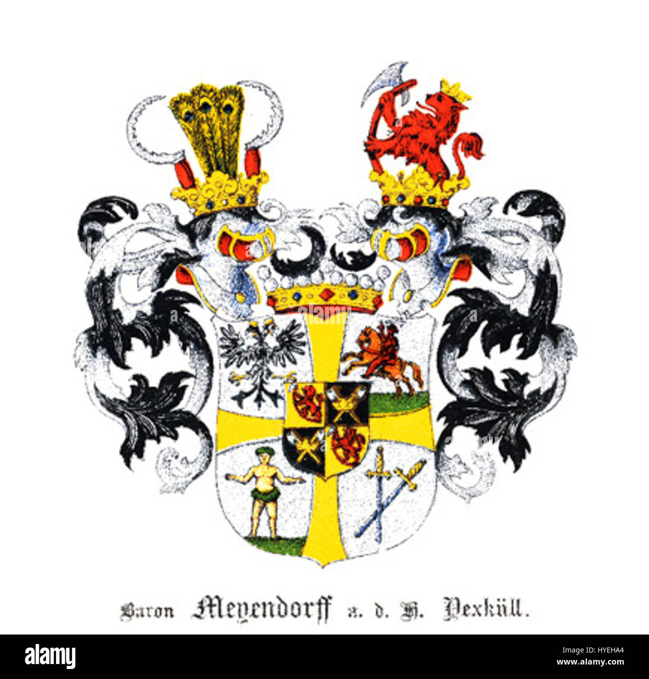 Lo stemma di Meyendorff (COA) rappresenta i simboli araldici associati alla nobile famiglia Meyendorff. Questo stemma è un emblema importante nello studio della genealogia aristocratica europea e dell'araldica. Foto Stock