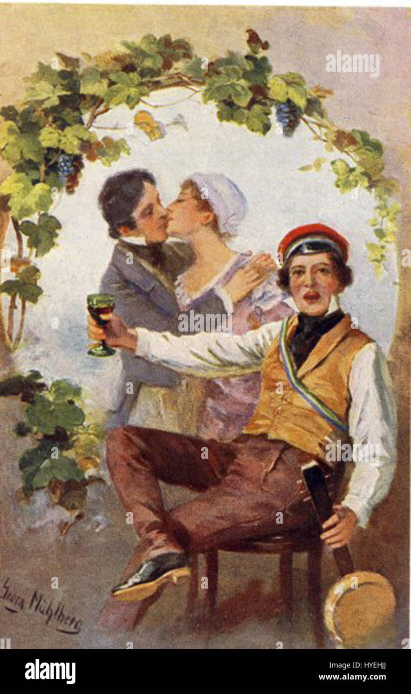 'Muehlberg 06 wernichtliebtweinweibundgesang' è un'opera d'arte che riflette temi di amore, vino e musica, elementi chiave del romanticismo tedesco. L'opera combina rappresentazioni visive e testuali di questi temi, catturando lo spirito della cultura tedesca del XIX secolo. Foto Stock