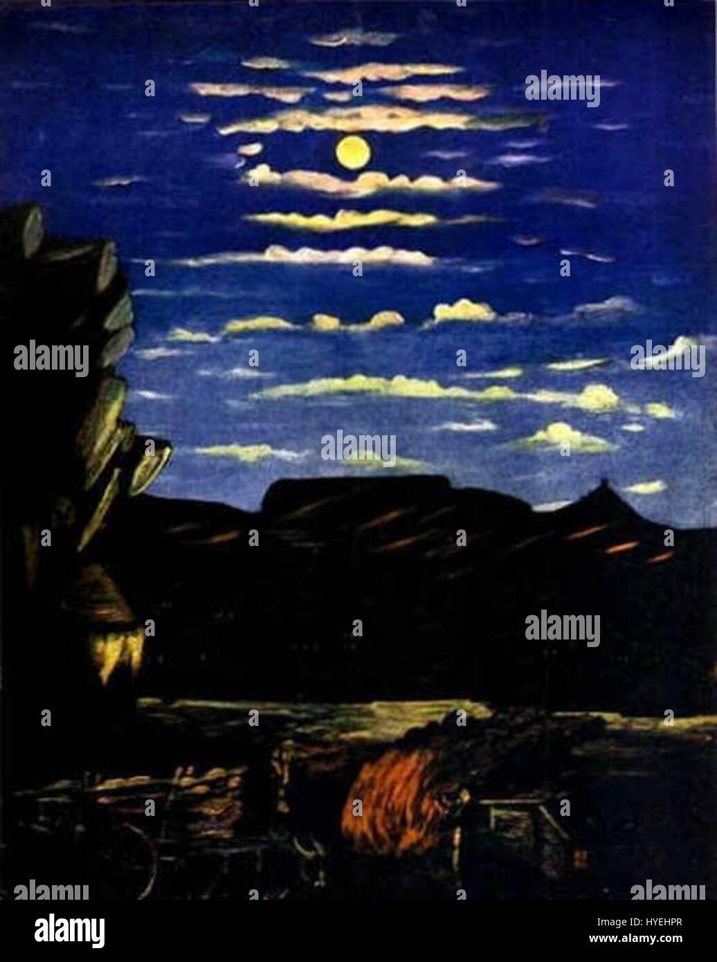 Un dipinto di Niko Pirosmani, intitolato "montagna di notte", che mostra una scena umoristica e suggestiva di una montagna sotto un cielo scuro, eseguita in olio su tela oleosa. Foto Stock